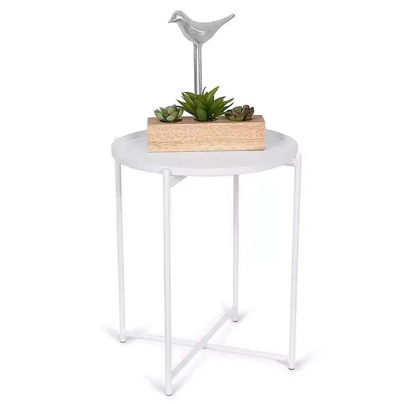 Ivory Metal Folding Side Table with Removable Tray